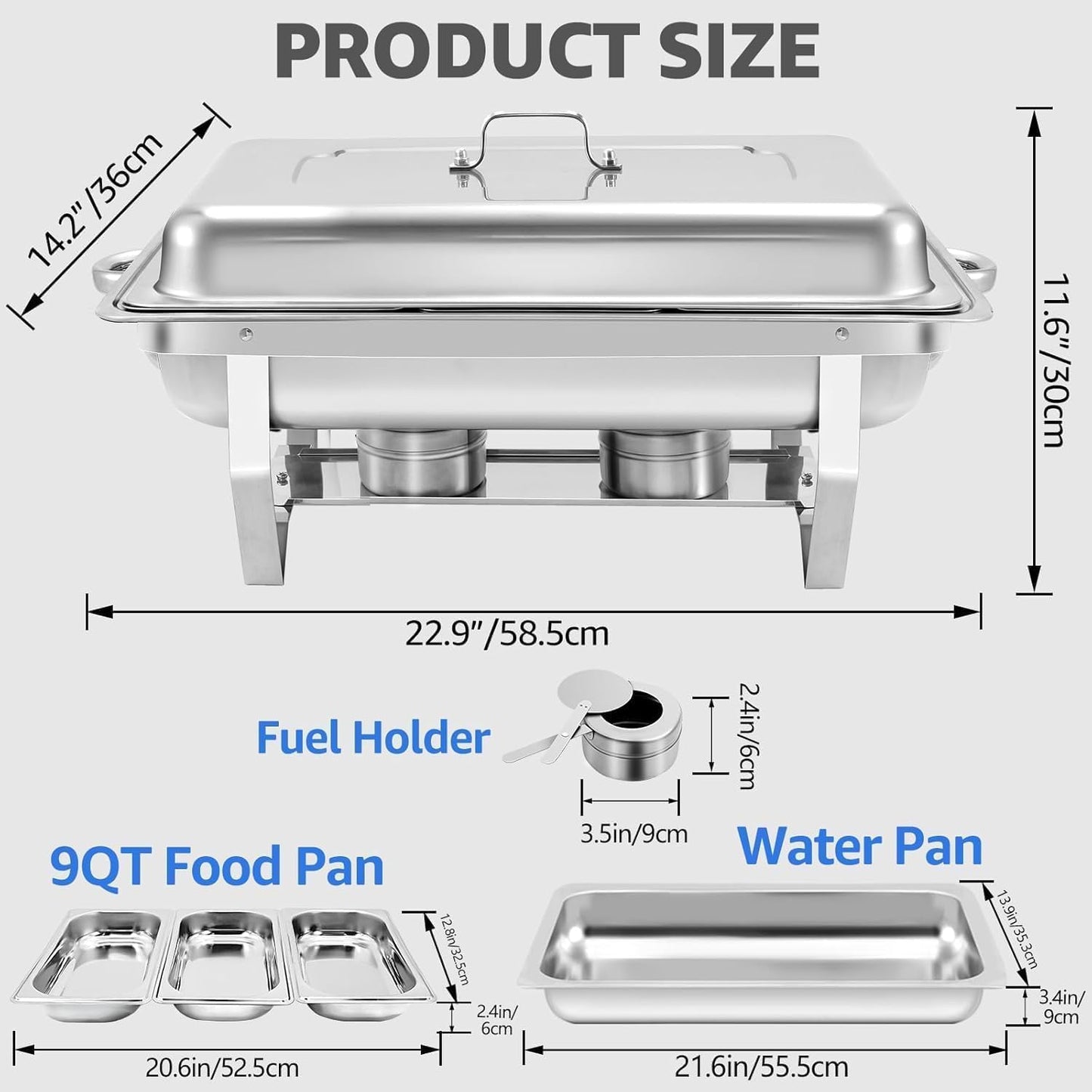 6 pack Chafing Dishes for Buffet of Stainless Steel Food Warmers 9 QT Chafers and Buffet Warmers Sets Commercial Catering Chafers, 12 Pans（full size+ 1/2 size+ 1/3 size)
