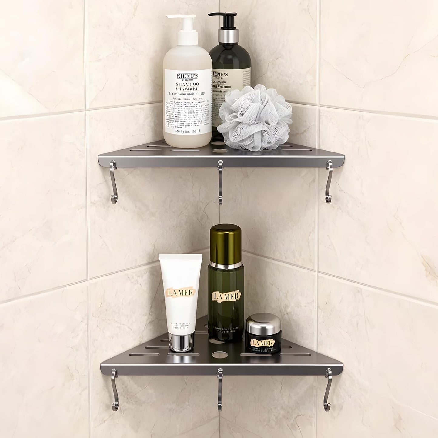 Shower Corner Shelf 304 Stainless Steel Shower Caddy 2 Tier Shower Organizer Niche Extra 6 Hangers Shelves 40 lbs Large Capacity Bathroom Storage for Inside Anti-Rust Drilling Installation(Silver)