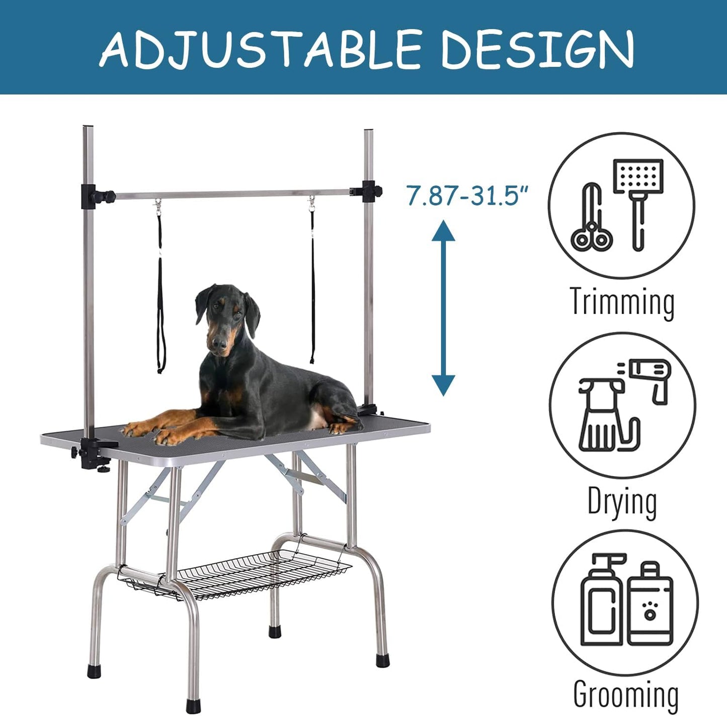42" Dog Grooming Table Foldable Pet Grooming Tables with Adjustable Arm Noose Storage Mesh Tray Maximum Capacity Up to 330lbs Black
