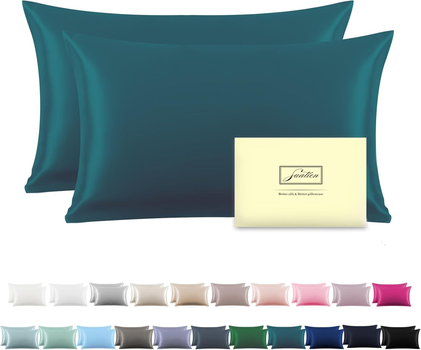Silk Pillow Cases 2 Pack Soft Breathable and Sliky Standard Size Pillow Cases Set of 2,Natural Mulberry Satin Silk Pillowcase with Hidden Zipper for Hair and Skin (Teal,20"X 26",2pcs)