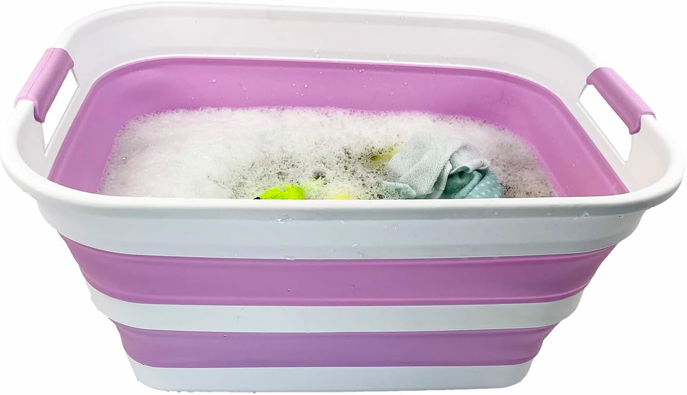 SAMMART 27L (7.1 Gallons) Collapsible Plastic Laundry Basket with Handle-Foldable Pop Up Storage Basket with handle (1, White/Pale Purple/White)