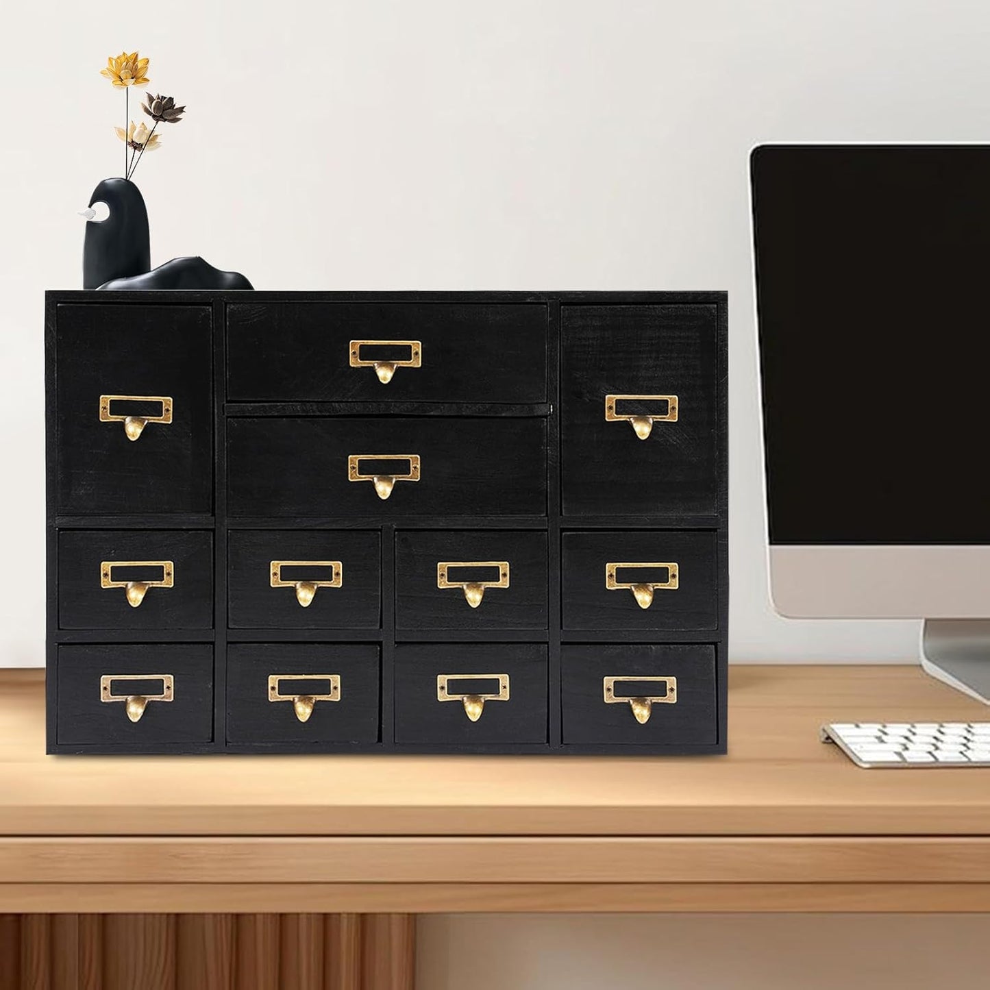 12-Drawer Wooden Storage Cabinet Organizer, Apothecary Cabinet Vintage Library Card Catalog Cabinets for Countertop Apothecary Tea Coffee Pod Storage (Black)