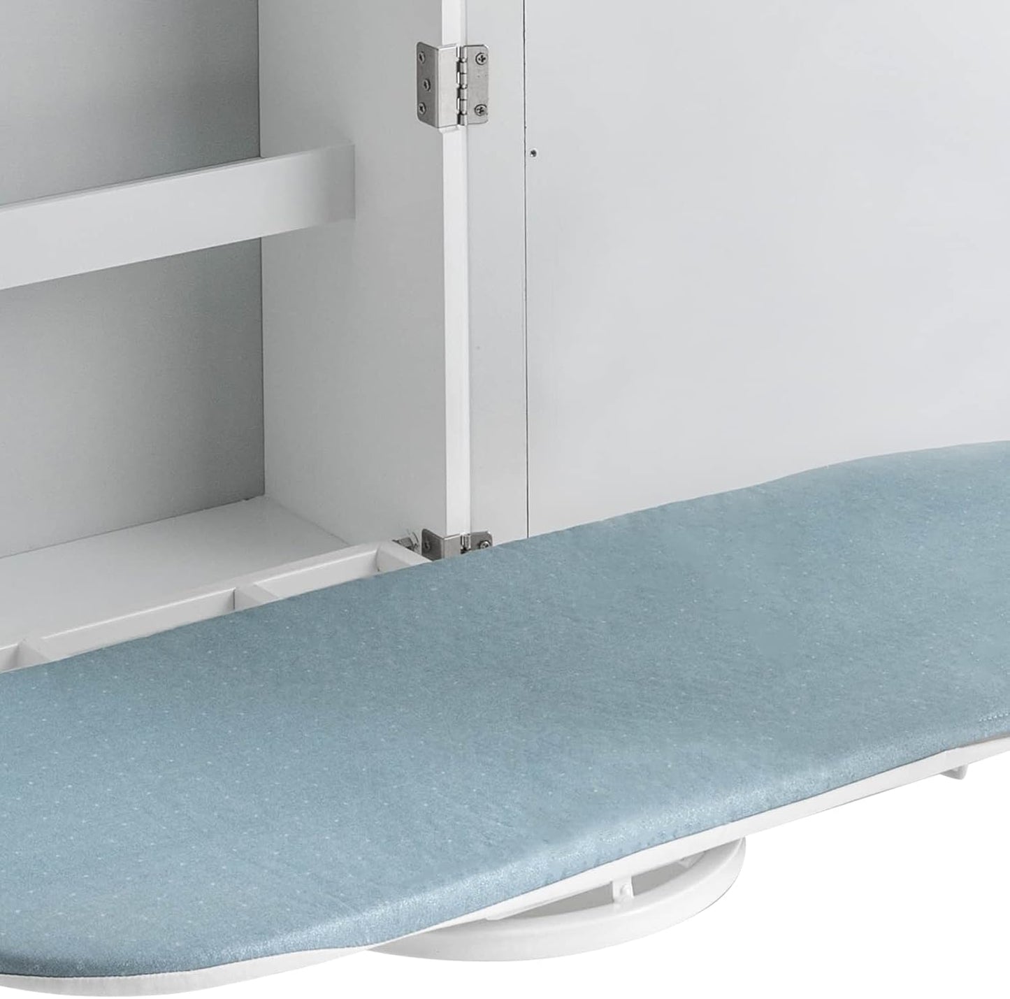 Wall Mounted Ironing Board Cabinet with Storage and Miror Door, 180° Swivel Ironing Boards with Garment Hooks, Foldable Ironing Storage Station for Home, Laundry Room, White