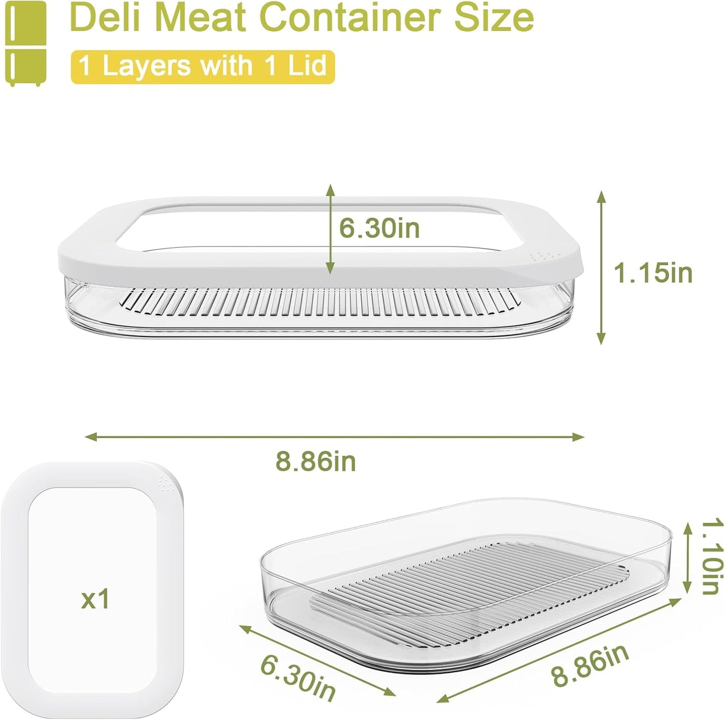Stackable Deli Meat Container with Drainage Groove and Silicone Lid, Clear Refrigerator Storage Containers for Lunch Meats, Cold Cuts, Bacon, Cheese, BPA Free - 1 Layer