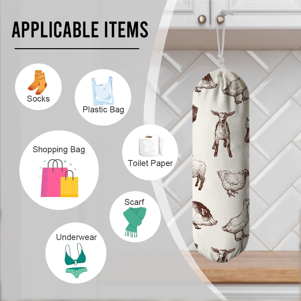 Animals Plastic Bag Holder, Reusable Hanging Grocery Bags Organizer, Wall Mount Plastic Bags Organizer Dispenser for Kitchens, Grocery Stores, Camping Trips, Kitchen Pattern Garbage Bag 50