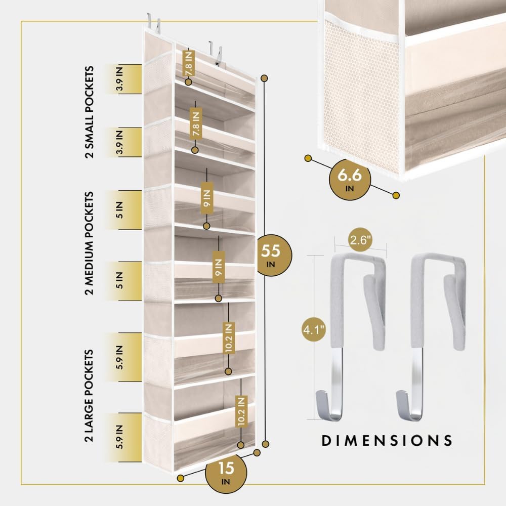 HOMELUX THEORY Over The Door Organizer Hanging - 50lbs Load 6 Large Front & 12 Side Pockets, 2 Pack Over The Door Shoe Organizer, Hanging Closet Organizer For Toys, Diaper - Sewing Organizers (Ivory)