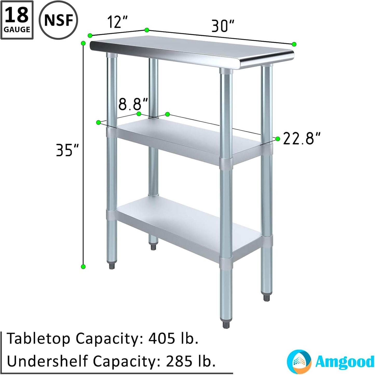 AmGood Stainless Steel Work Table with 2 Shelves | NSF | Metal Utility Table (12" Long x 30" Deep)