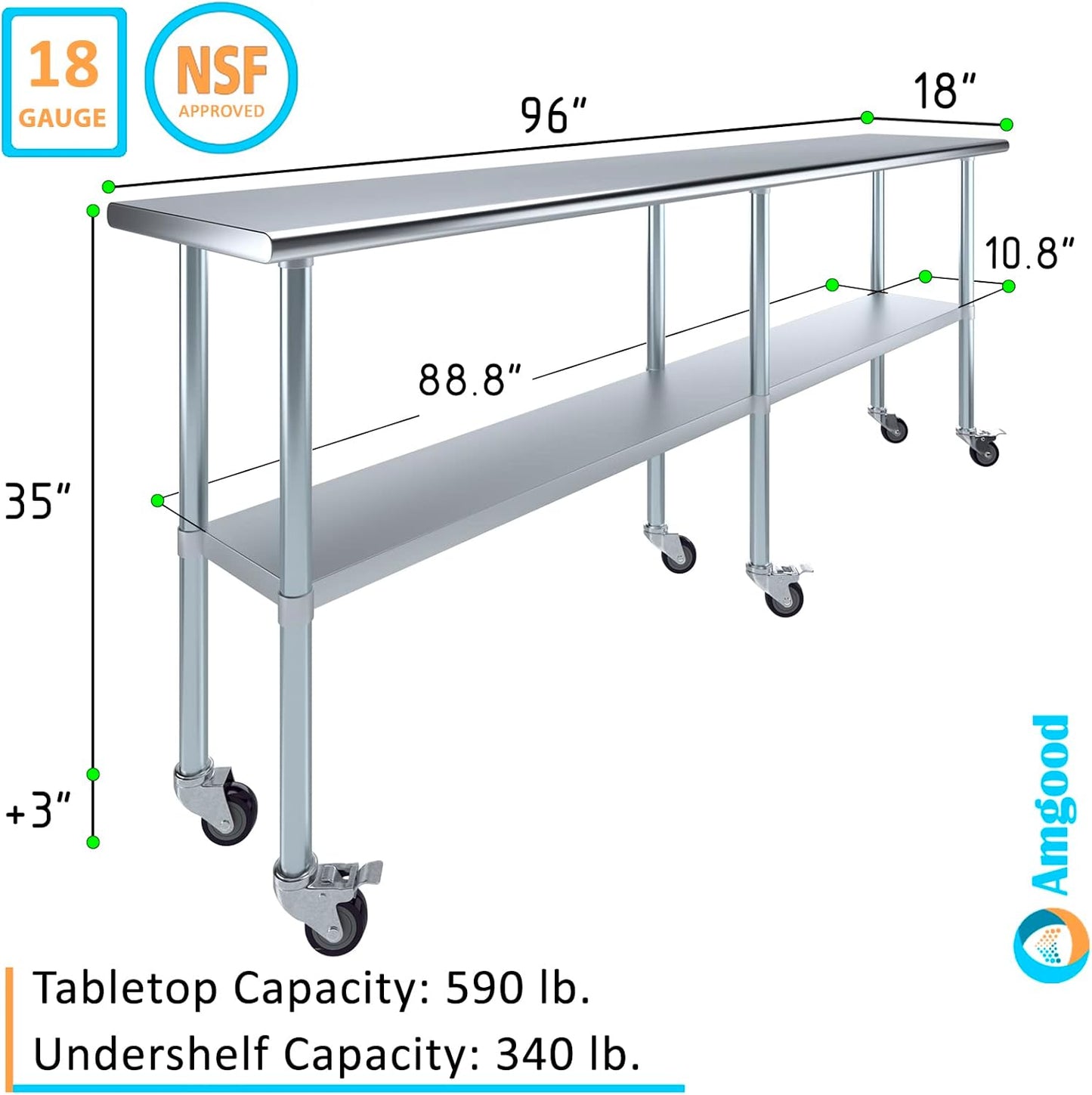 AmGood 96" Long x 18" Deep Stainless Steel Table with Casters