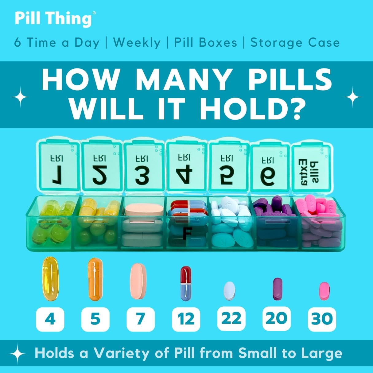 6 Times a Day Weekly Pill Box Organizer Case, Secure 7X Pillbox with Medication Schedule (6 Time-a-Day)