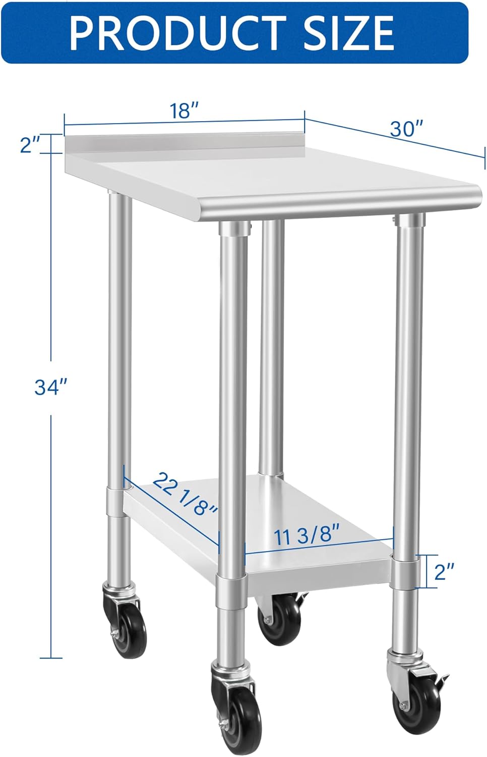 HARDURA Stainless Steel Commercial Work Table with Wheels Prep & Work Metal Table 30×18 Inches Heavy Duty NSF with Casters and 2" Backsplash