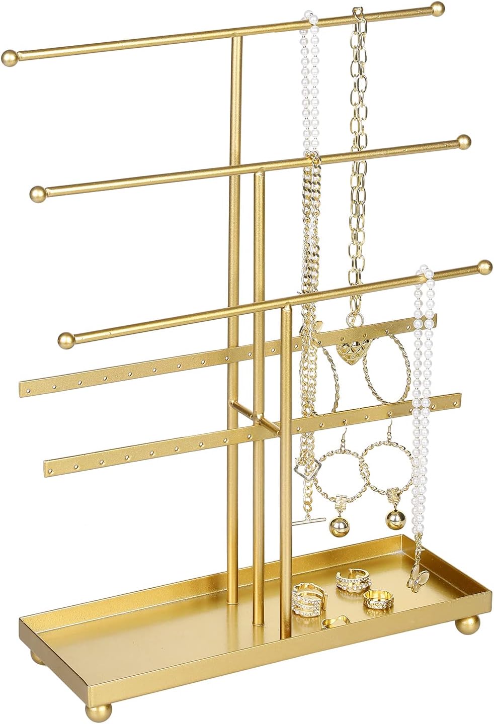 MyGift 5-Tier Gold Metal Jewelry Organizer Stand with Earring Hooks & Ring Tray - T-Bar for Tangle-Free Necklace Bracelet Display - Home Store Boutique (16.25" H)