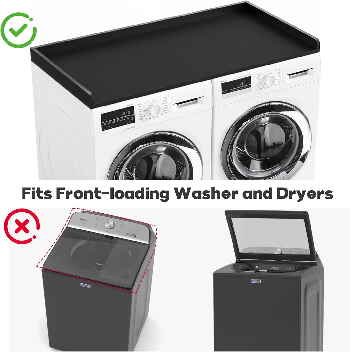 1-Tier Washer Dryer Countertop, 54"W x 27.55"D Laundry Countertop with Edge Rails and Non-Slip Pad, Washer and Dryer Topper for Laundry Room Storage Organization (Black)