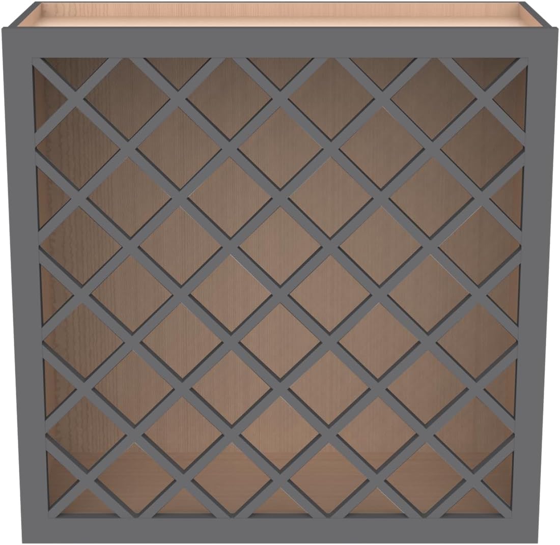 Solid Wood RTA Wine Bottle Rack Wall Cabinet With Lattice Panels - Holder Storage for Bar, Pantry, or Cellar - Mocha Finish Countertop Solution (Pebble Gray, 24"W 12"D 30"H)