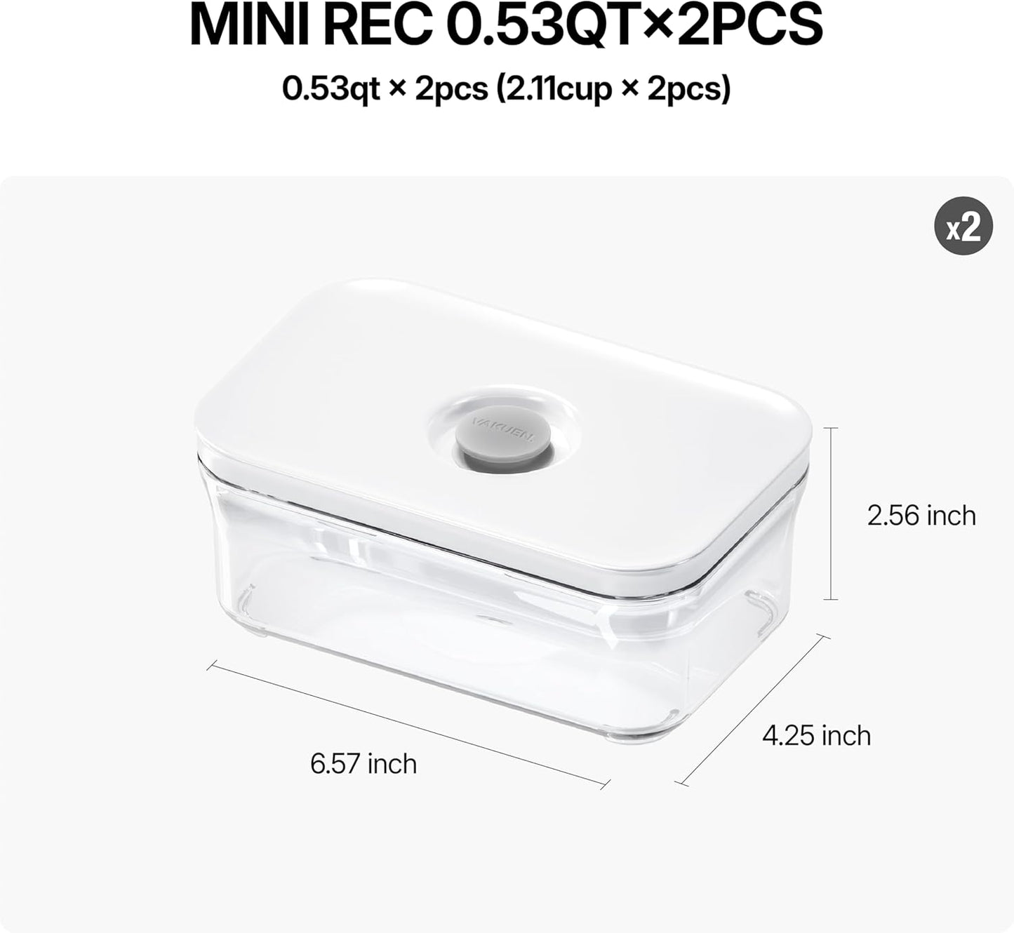 VAKUEN Premium Airtight Food Storage Containers, Mini Rectangular 2pc/set(0.53qt), Smart One-Click Seal Lid, No Hinges, 100% Leak Proof, BPA-FREE, Dishwasher, Freezer & Microwave Safe