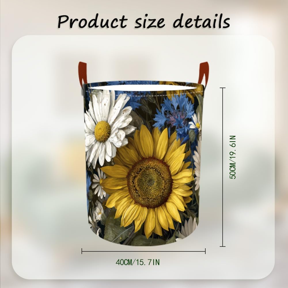 Laundry Baskets 15.7x19.7 Inch Large Vintage Sunflower Daisy Blue Wildflower Design Collapsible Laundry Hamper with Handles Oxford Fabric Clothes Storage Bin Foldable Dirty Clothes for Bedroom