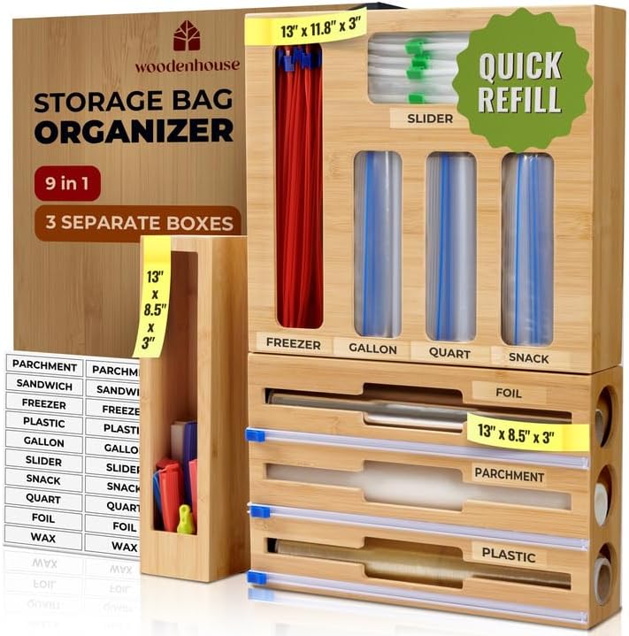 Kitchen Drawer Organizer, 9 in 1 Sandwich Storage Bag Organizer & Foil Wrap Dispenser - Fits Gallon, Quart, Snack - Plastic Bag Storage for Kitchen Organization [Measure Your Drawer Before Ordering]