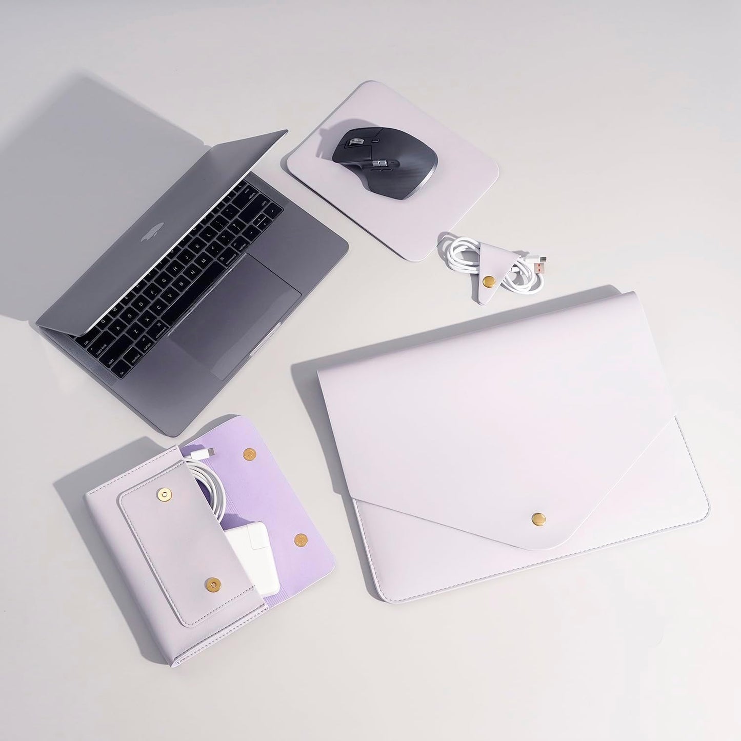 PU Leather Laptop Sleeve 16 Inch Compatible with New MacBook Pro 16 A2991 A2780, MacBook Pro 15, Surface Book 15, Dell XPS 15 with Small Pouch, Mouse Pad and Cord Organizer Color Light Purple
