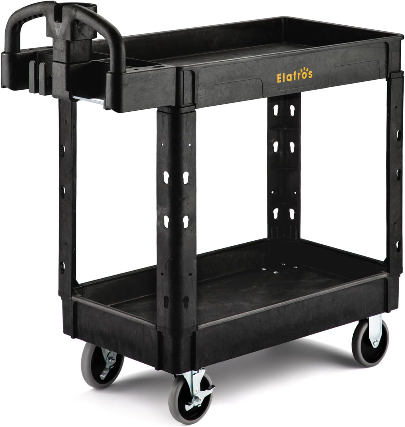 ELAFROS Utility Cart with Ergonomic Handle and Built-in Tool Compartments - 37.5" x 17" Work Cart W/Deep Shelves Safely Holds up to 550 lbs - 2 Tier Rolling Cart,Black