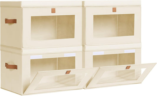 Collapsible Storage Bins - Large Closet Organizer with Handles & Window, Decorative Storage Boxes, Fabric Containers for Living Room, Dorm, 4 Pack, Beige