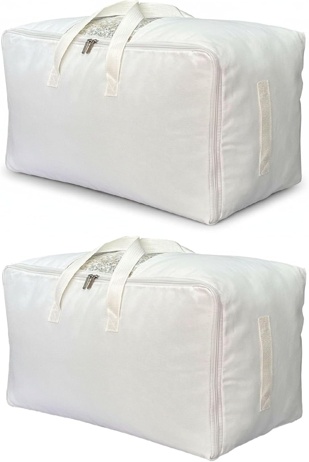 Soft Canvas Clothes Storage Bags with Four Carrying Handles and Clear Window, Closet Organizer for Clothing, Blankets Sheets Pillows and Bedding, 55L, 2 Pack, White