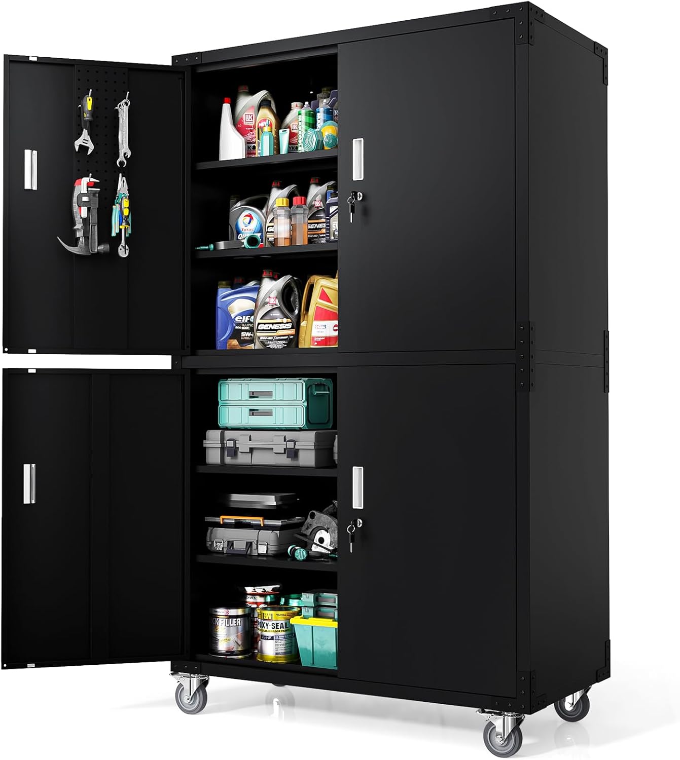 VINGLI Large Garage Storage Cabinet with 4 Doors, Upgraded Height & Wide & Deep, 43''W x 23''D x 75''H, Oversized Metal Storage Cabinet with Pegboards Wheels Locks and Adjustable Shelves (Black)