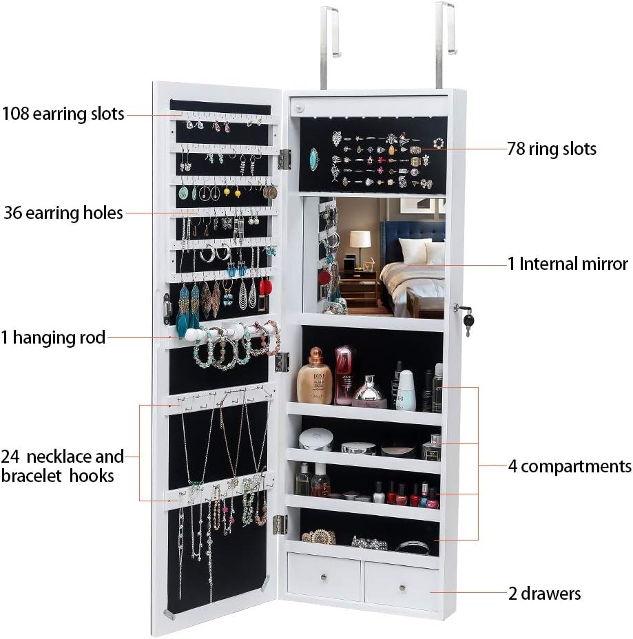 8 LEDs Mirror Jewelry Armoire, Wall Mounted Jewelry Cabinet with Mult Back Shelves & Interior Mirror & Lockable & Drawers, Jewelry Organizer with Storage for Women Gift, White