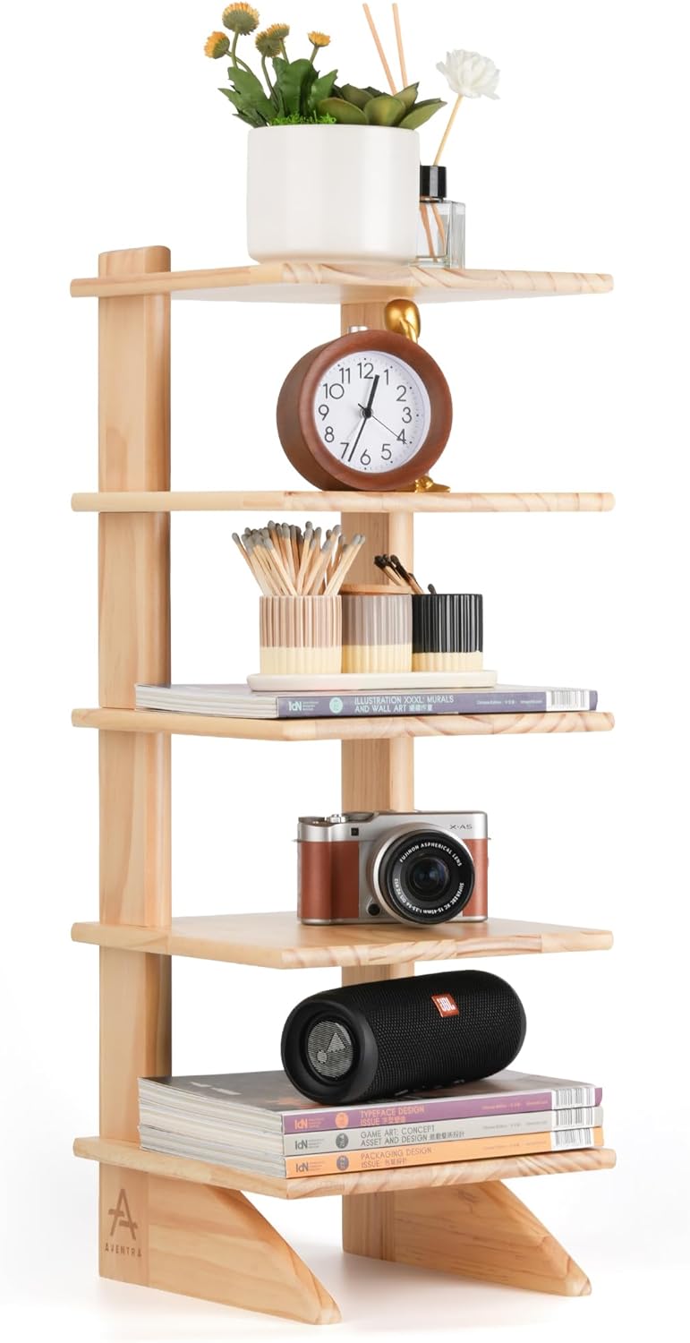 5-Tier Wooden Bookshelf for Small Spaces – Narrow Space-Saving Bookcase & Storage Shelf Organizer for Bedroom, Living Room, or Office – Compact Freestanding Wood Bookshelf