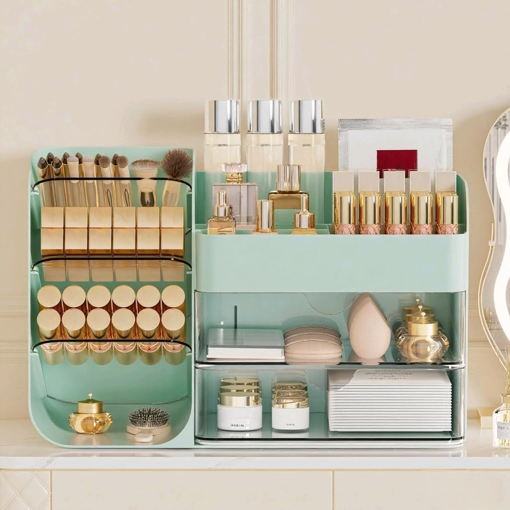 Makeup Organizer with 2 M Drawers & Brush Holders - Cosmetic Storage Case for Vanity, Bathroom Countertop & Desk - Skincare & Office Supplies Organizer (Green, M)