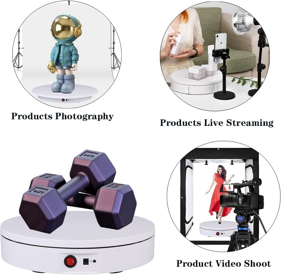 JAYEGT Motorized Rotating Display Stand, 220 Lbs Load, 360 Degree Electric Rotating Turntable for Photography Products Display， Show,Remote Control Angle, Speed (White/ 11.8inch /Rechargeable/Adapter)