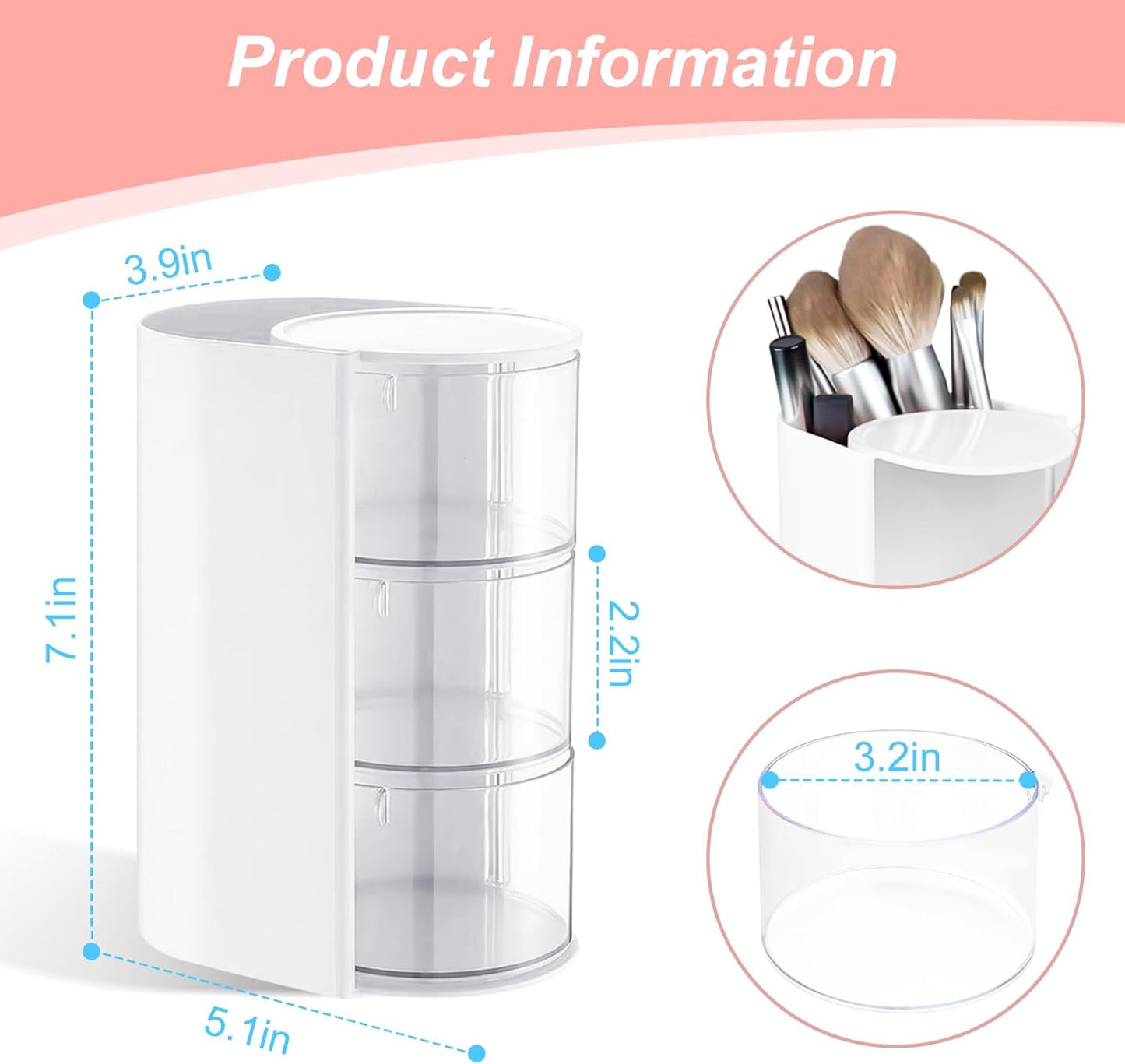 Hair Accessories Organizer with Hair Brush Holder, Rotatable Makeup Brush and Jewelry Storage Box for Hair Clips, Earrings, Necklaces, Bracelets, Rings, and Daily Accessories (White, 3-Layer)
