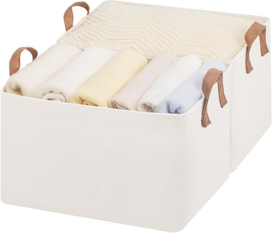 StorageWorks Fabric Storage Bins, Large Storage Baskets for Shelves, Closet Organizers and Storage Bins with Metal Frame, Handles, Natural Color, 2-Pack