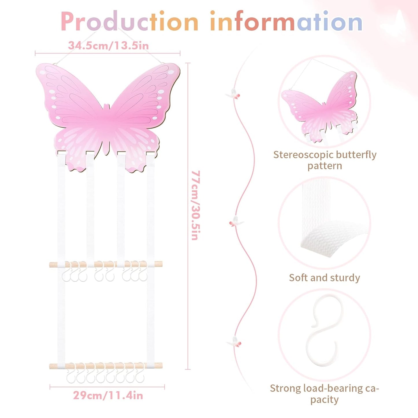 POVETIRE Headband Holder Bow Holder for Girls Hair Bows,Butterfly Hair Accessories Organizer Storage Wall Hanging Display for Nursery Toddler Girls Room