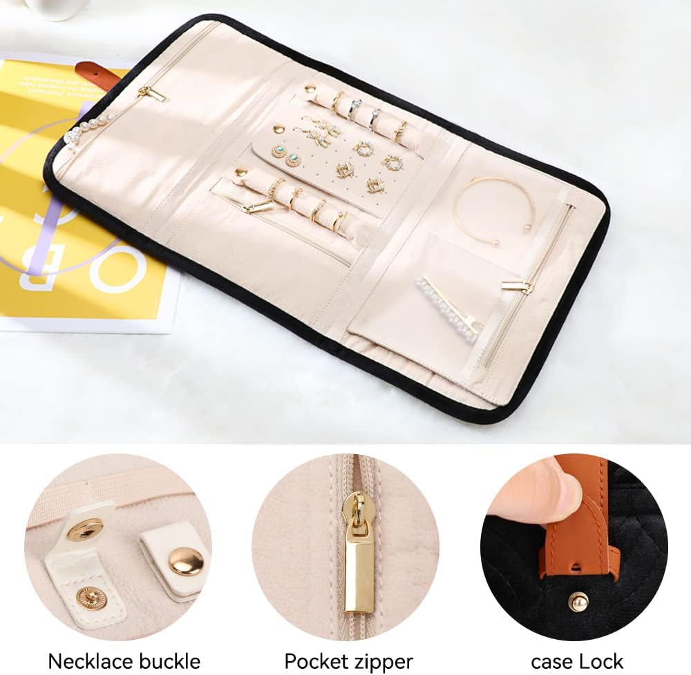 Voova Travel Jewelry Holder Organizer Case, Large Jewelry Storage Bag for Women Girls, Foldable Traveling Jewellery Pouch Roll for Necklaces Rings Earrings Bracelets, Black