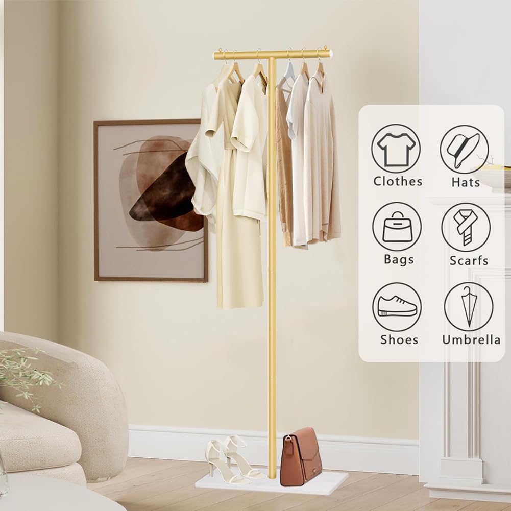 T-Shaped Metal Rack Stand,Modern Clothes Rack With Rock Slab Base,60.3 Inch Freestanding Clothing Rack Stand,Suitable For Boutiques, Entryway, Bedroom, Living Room, (Golden Yellow,60.3 Inch)