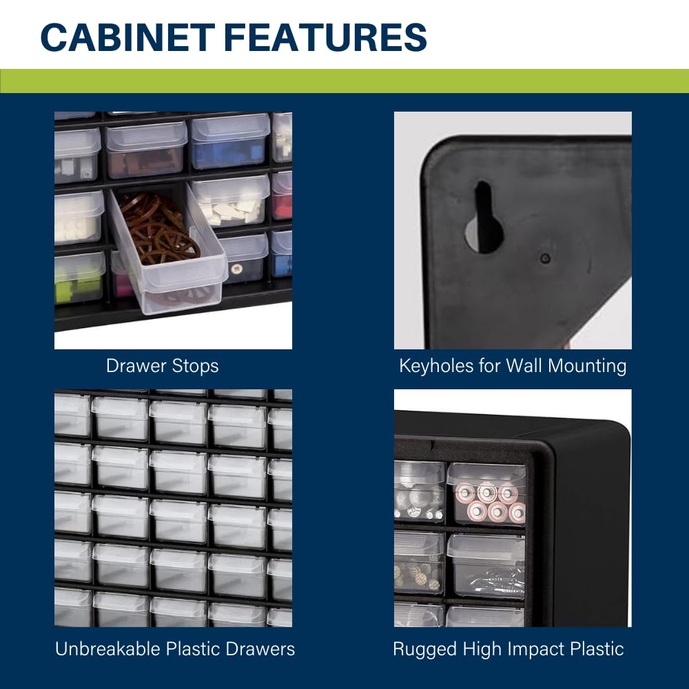 Akro-Mils 64-Drawer Plastic Storage Cabinet, 20-Inch W x 6-Inch D x 16-Inch H | Black | Model 10164 | Garage Organization