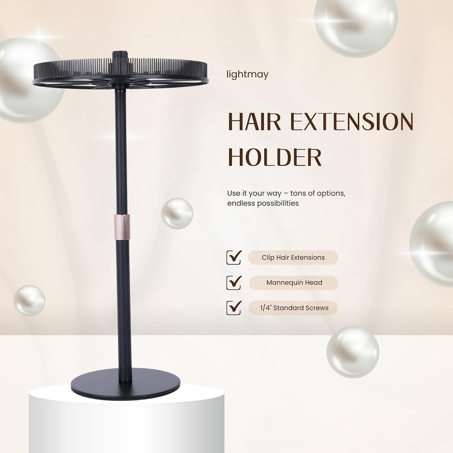 Adjustable Hair Extension Stand – Matte Black Metal, 11"–17.5" Height, Tangle-Free Storage & Display for Bangs, Clip-Ins, Color Strips, Colored Clip Hair Extensions & More, Non-Slip Base, Easy Assembly