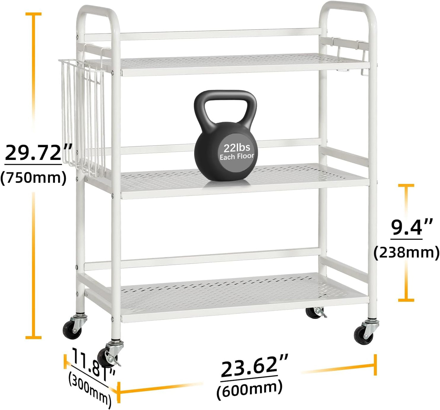 HDANI 3 Tier Metal Mesh Utility Cart,Large Capacity Multipurpose Heavy Vehicle,Rolling Trolley with to Hooks and One Basket(White)