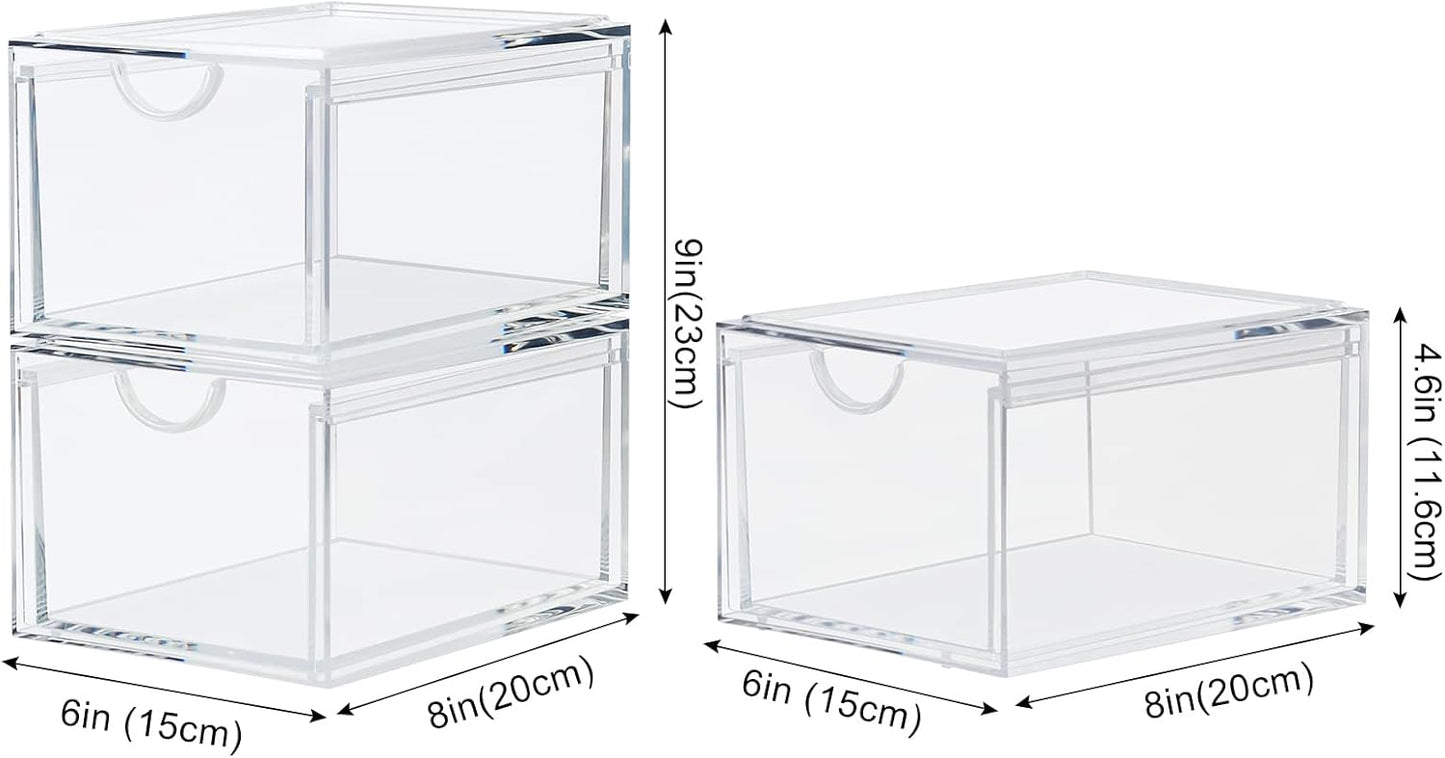 2 Pack Stackable Cosmetic Organizer Drawers, Clear Acrylic Makeup Storage Organizer Box, Plastic Storage Bins Vanity Container for Bathroom Countertop, Bedroom Dresser, Kitchen Cabinets