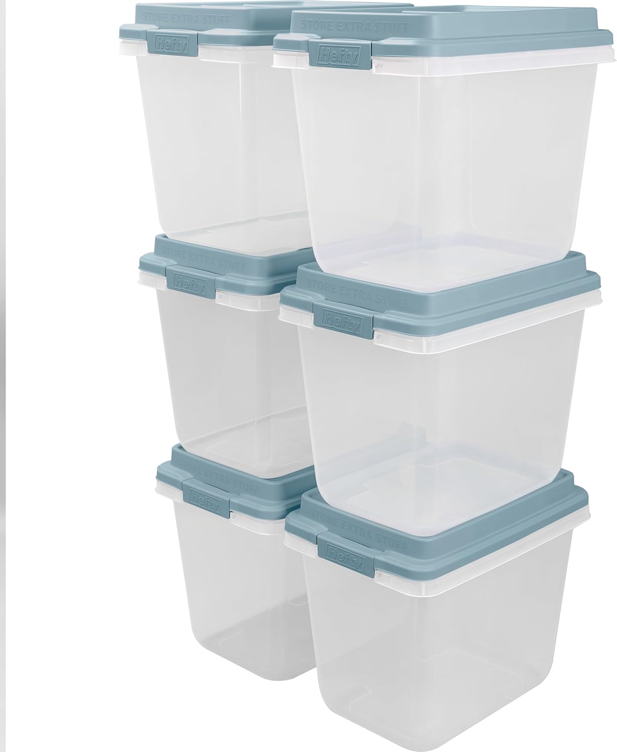 Hefty HI-RISE 32 Qt Stackable Storage Bins with Lids – 6 Pack Clear Plastic Under Bed Storage Containers, Shoe Organizer Boxes with XL Lid-Locking Latches, Comfort-Grip Handles, Durable Double Rim
