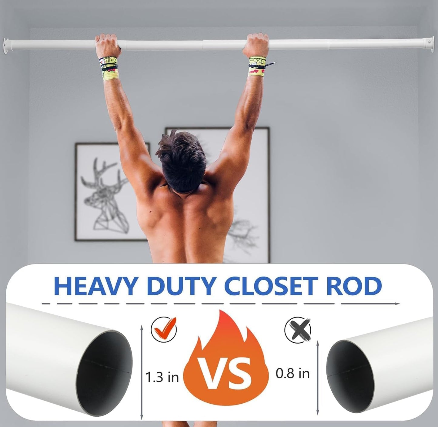 Closet Rod, 17 to 53 Inch Closet Rods for Hanging Clothes, Heavy Duty Adjustable Closet Hanging Rod Bar White Closet Poles for Wardrobes, Closet, Bathroom, Windows,1.3 Inch Diameter
