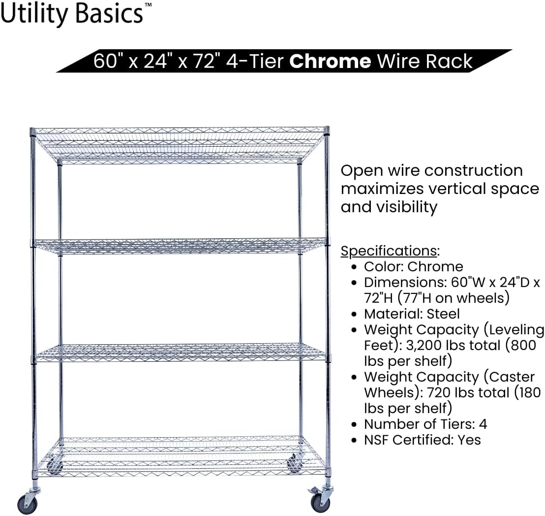 NSF Commercial 4-Tier Wire Shelving with Wheels, 60"x24"x72" Heavy Duty Metal Shelves 3200 lbs Max Capacity, Chrome Storage Rack for Garage Kitchen Pantry Warehouse
