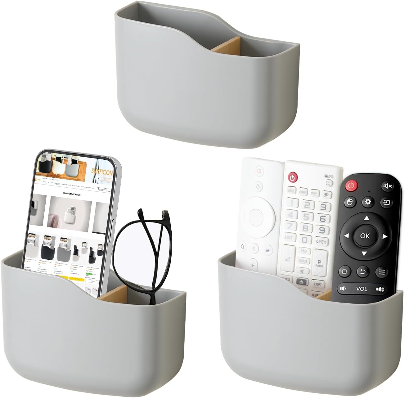 SUNFICON Wall Mount Remote Control Holders 3 Pack Adhesive Media Player Controller Holder Universal TV Remote Organizer Caddy Box Tray Hollow Bottom Phone Charging Home Office Desk Nightstand Gray