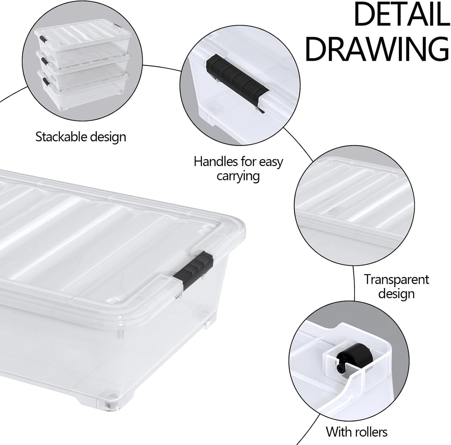 50 Quart Large Under Bed Storage Box, Clear Plastic Under Bed Storage Bin with Wheel, Set of 3