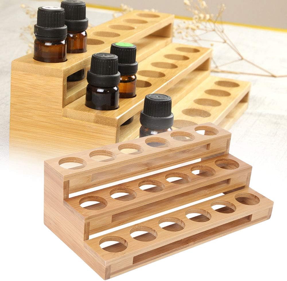 3 Tier Essential Oil Holder Stand, 1.4in Hole Diameter Wood Cosmetic Storage Organizer Rack, Makeup Display Stand for 18 Bottles