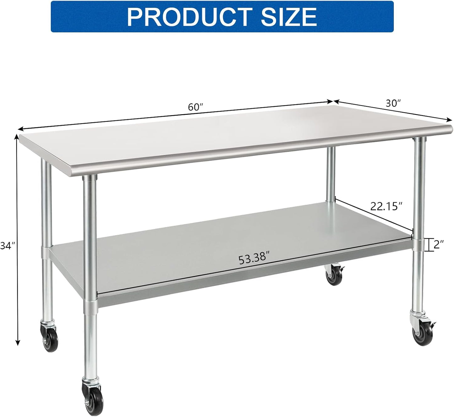 HARDURA Stainless Steel Table with Wheels 30 x 60 Inches Casters NSF Heavy Duty Commercial Work & Prep Table with Undershelf and Galvanized Legs for Restaurant Kitchen Bar and Hotel Garage