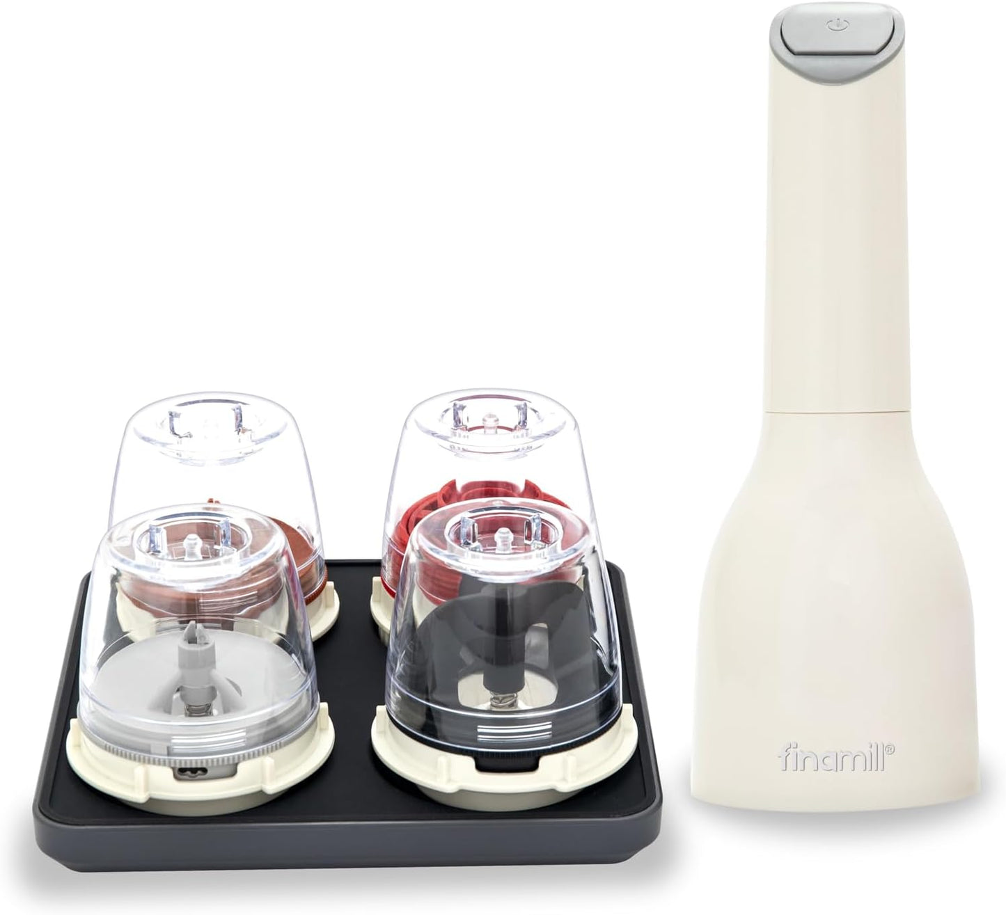 FinaMill Ultimate Gift Set – Battery Operated Spice Mill with 4 Interchangeable Spice Pods & Slate Quartet Stackable Tray, Adjustable Coarseness, Ceramic Grinder, LED Light, Kitchen Gifts for Women