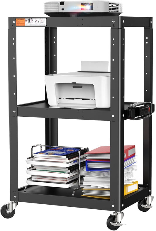 3 Shelf Metal Utility Cart - Durable Computer Cart on Wheels with Power Strip,Height Adjustable AV Presentation Cart Stand for Movie Projector,TV and Laptop Computers,Easy to Assemble, Black