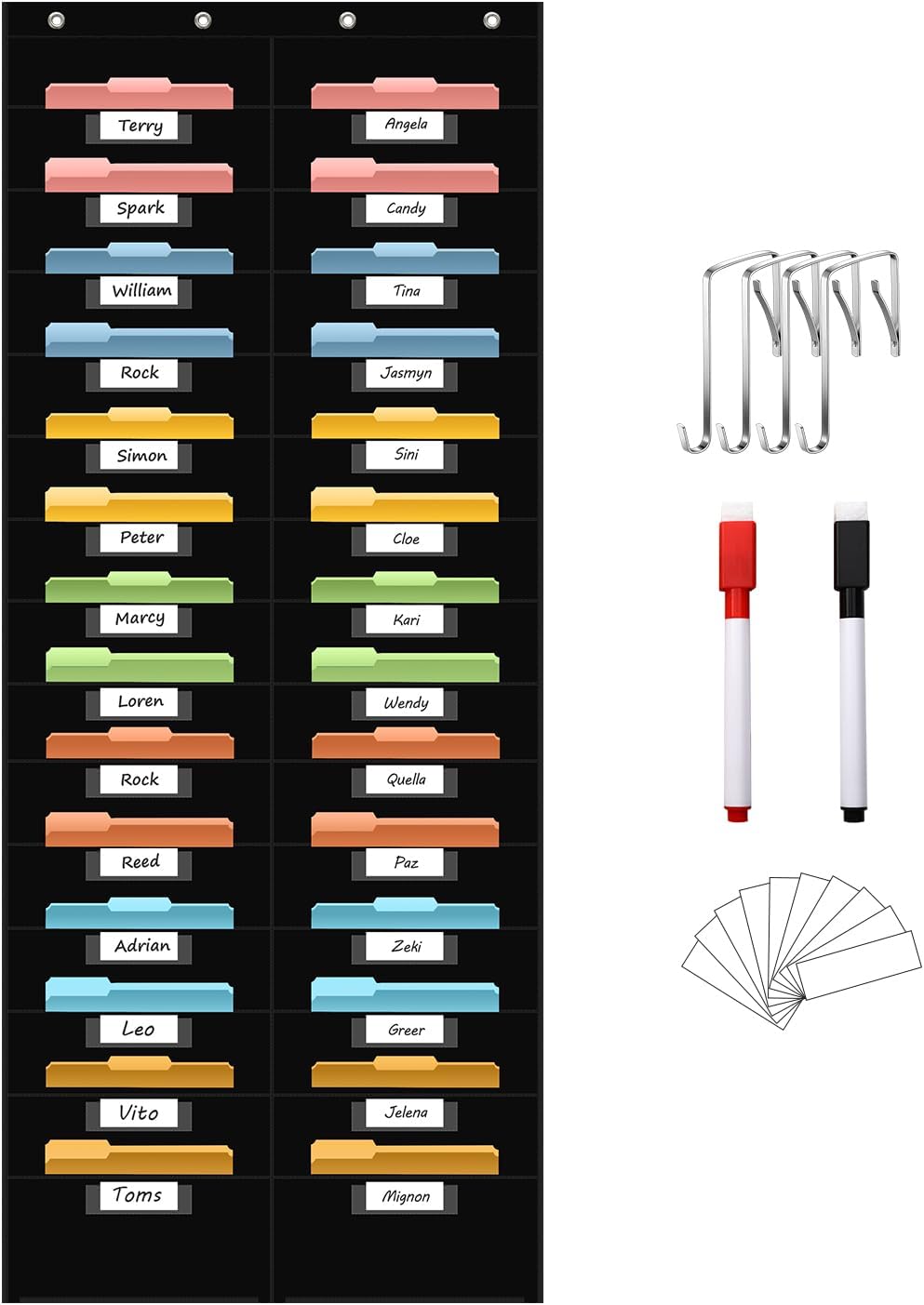 28 Pocket Hanging Wall File Organizer with 28 Name tag Pockets, File Storage Pocket Chart for Classroom and Office Use. Keeps Assignments, Files, Scrapbooks, and Papers Neatly Organized.
