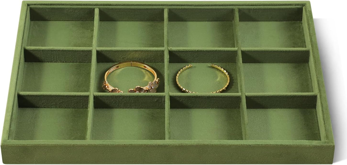 Velvet Stackable Jewelry Display Tray, 12 Grid Watch Bangle Bracelet Storage Tray, Makeup Drawer Insert Jewelry Shop Organizer Plate (Olive Green)