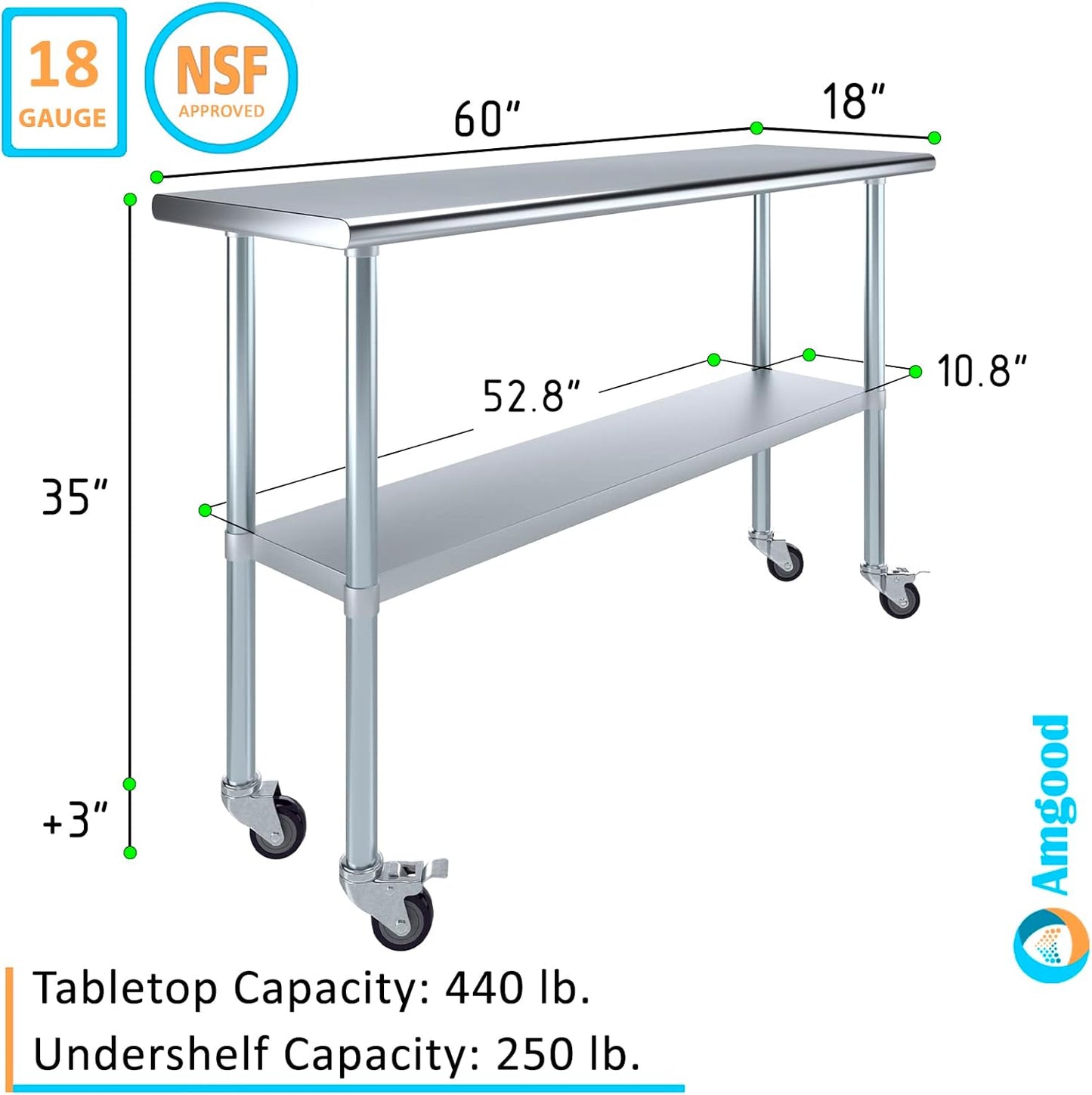 AmGood 18" x 60" Stainless Steel Work Table with Casters | Heavy Duty Metal Utility Table On Wheels | Kitchen Island Cart